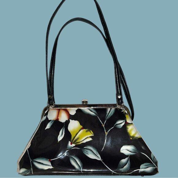 Adorable black patten leather look satchel white clasp closure! - Picture 15 of 17